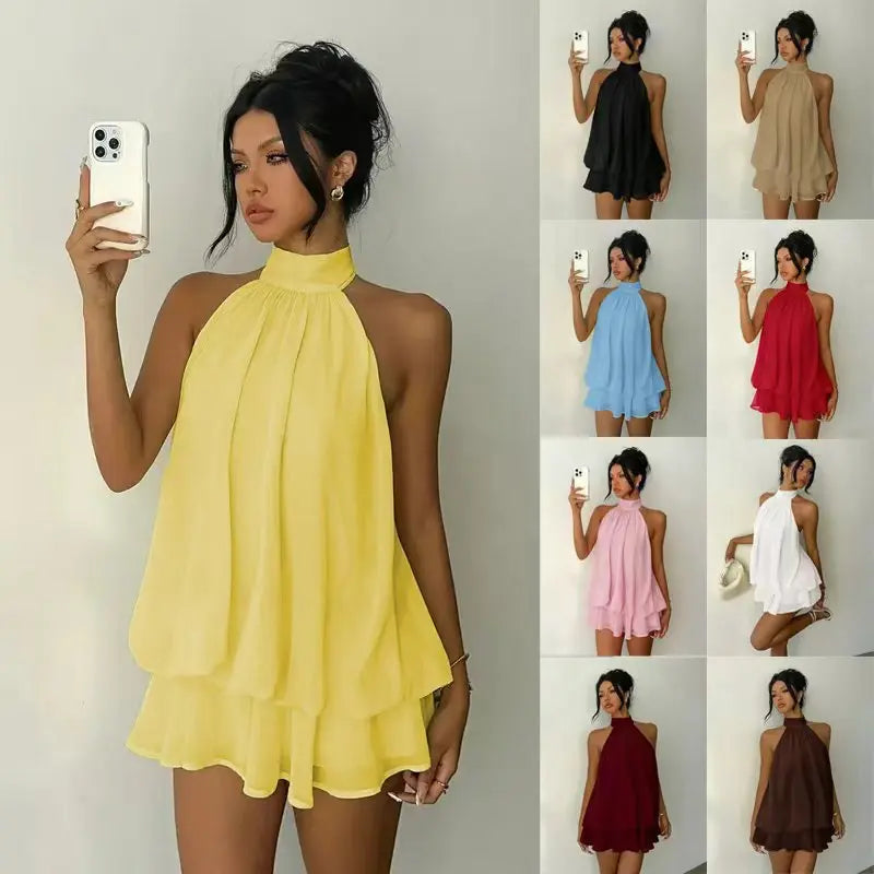Women's Sleeveless Backless A-Line Mini Dress – Elegant Halter Party Dress