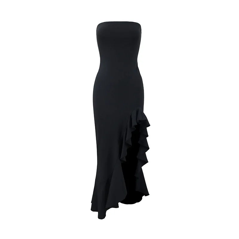 Wine Strapless Ruffle-Slit Maxi Dress — Sleeveless Evening Gown