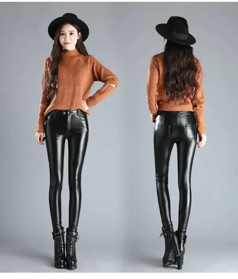 Women's High-Waisted Faux Leather Leggings | Black