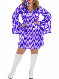 Plus Size 70s Floral Print Dress, Disco Party Mini with Bell Sleeves, Jazz Hippie A-Line Swing Dress for Women