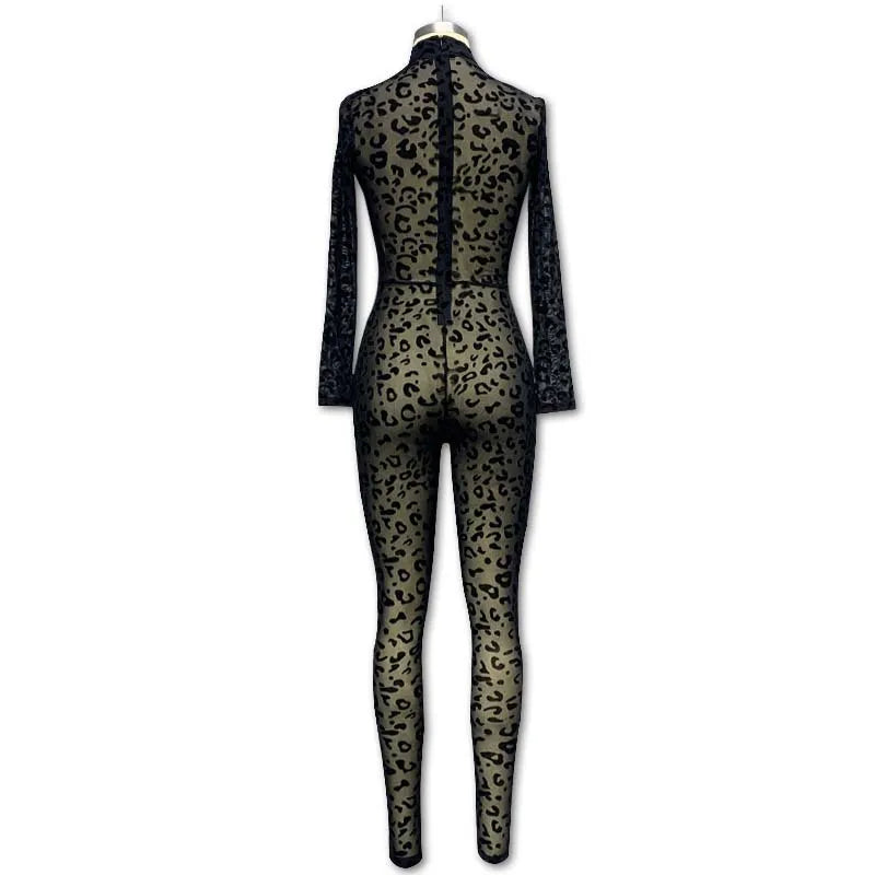 Y2k Hot Girl New Long Sleeve Bodycon Leopard Print Women Jumpsuit Sexy Sheer Mesh Bodysuits Catsuit Party Clubwear
