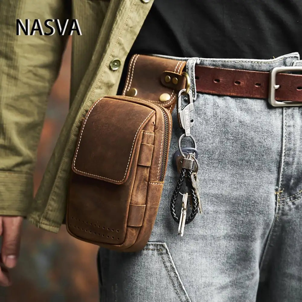NASVA Genuine Leather Men's Waist Bag Multifunctional Mobile Phone Bag Wearable Belt Waist Bag with Key Hanging Buckle