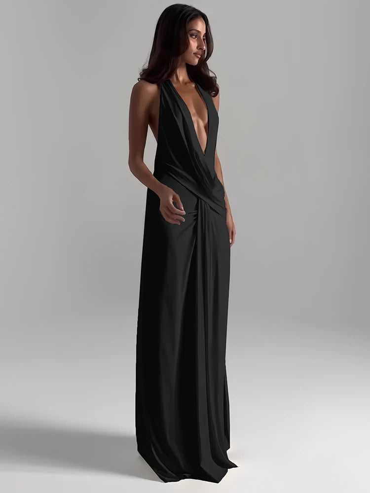 Halter Deep V Ruched High-Split Maxi Dress