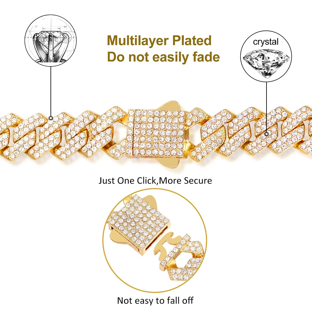 14mm Iced Out Cuban Link Chain — Prong-Set Choker & Bracelet, Gold or Silver Tone | Unisex