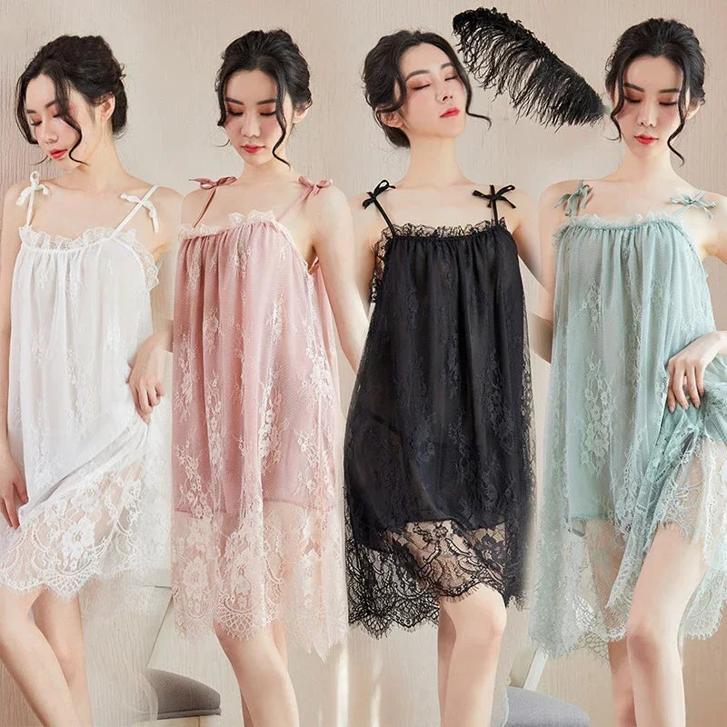 Women's Lace Trim Sling Nightdress – Sleeveless Satin-Feel Sleepwear Mini Dress