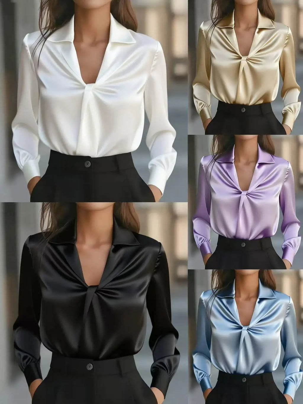 Autumn fashion temperament solid colour satin pleated long-sleeved shirt for women