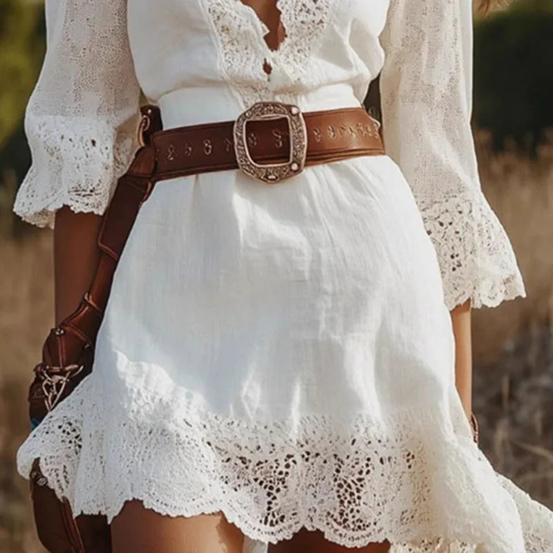 Women's Lace Deep V Neck A-Line Party Dresses Sexy Splicing Crochet Jacquard Dress Autumn 3/4 Sleeve Hollow Out Mini Dress Mujer