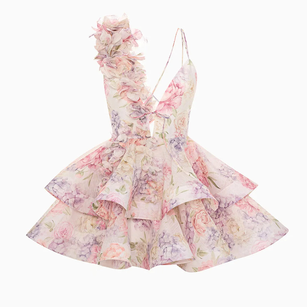 Elegant Floral Print Puff Sleeve Ball Gown Mini Dress Women 3D Flower V-neck Summer Beach Dresses Chic Holiday Evening Vestidos