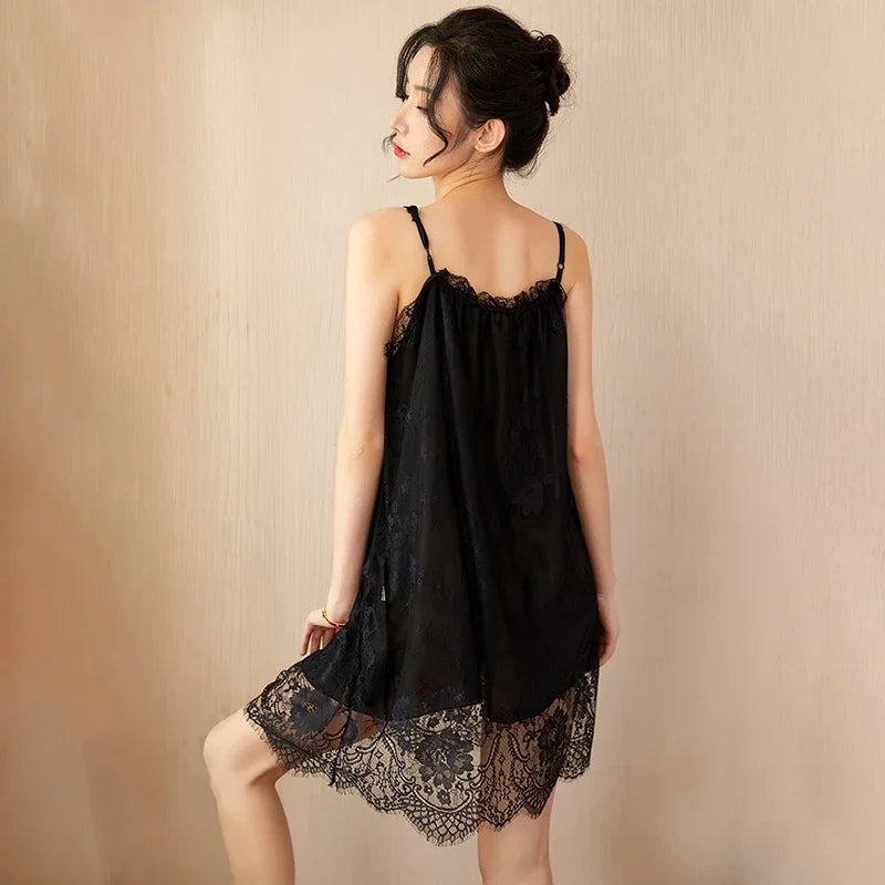 Women's Lace Trim Sling Nightdress – Sleeveless Satin-Feel Sleepwear Mini Dress