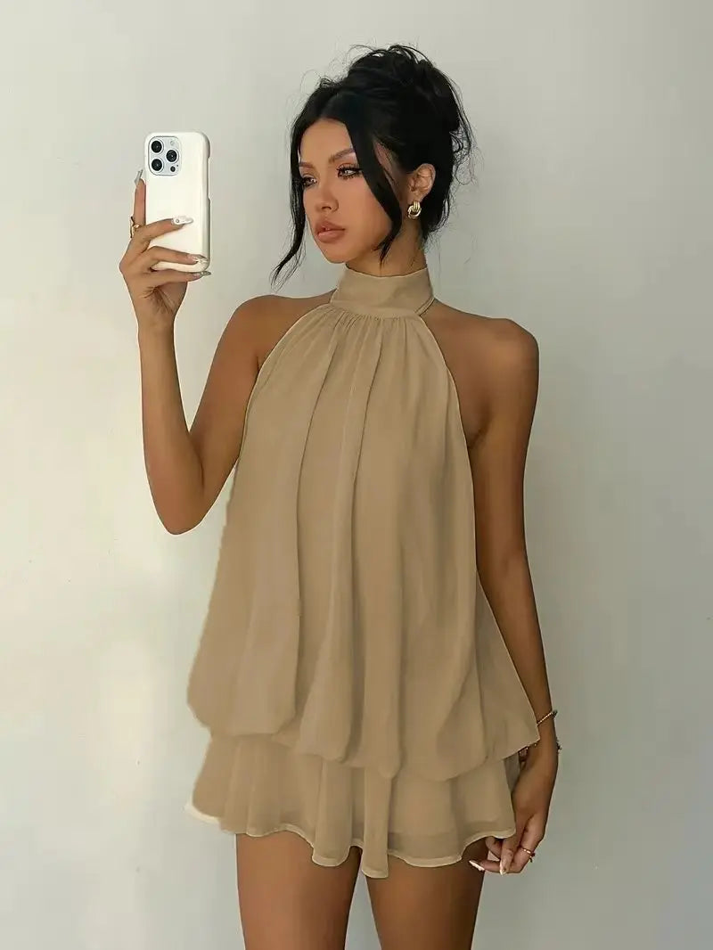 Women's Sleeveless Backless A-Line Mini Dress – Elegant Halter Party Dress