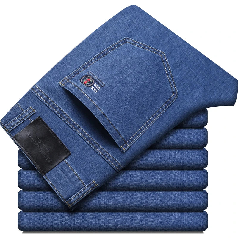 Men's Elastic Stretch Straight Denim Jeans — Lightweight Business Casual Cotton Blend | Spring Summer | 5 Colors | Waist 28–40