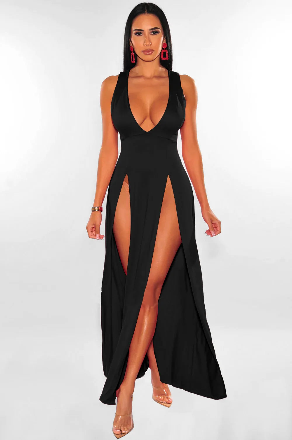 Sleeveless V-Neck Midi Dress – Slim-Fit A-Line Silhouette