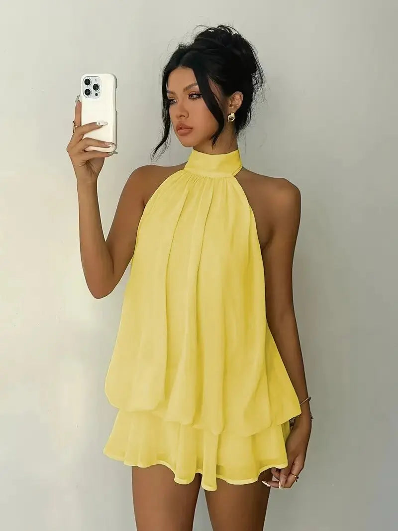 Women's Sleeveless Backless A-Line Mini Dress – Elegant Halter Party Dress