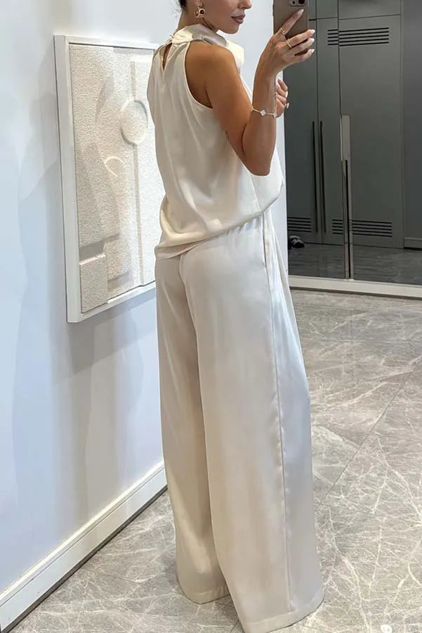 Women's Sleeveless Satin Top & Straight Pants 2-Piece Set – Chic Commuter Suit