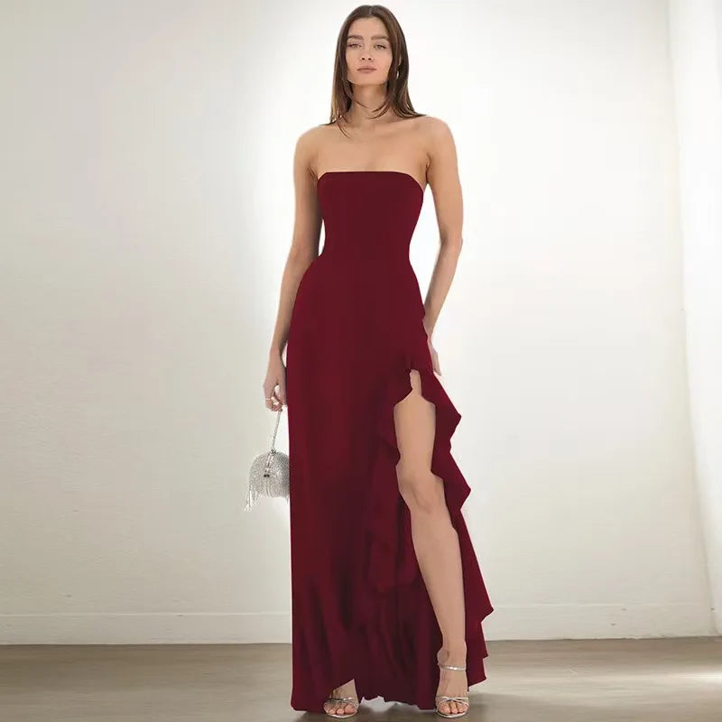 Wine Strapless Ruffle-Slit Maxi Dress — Sleeveless Evening Gown