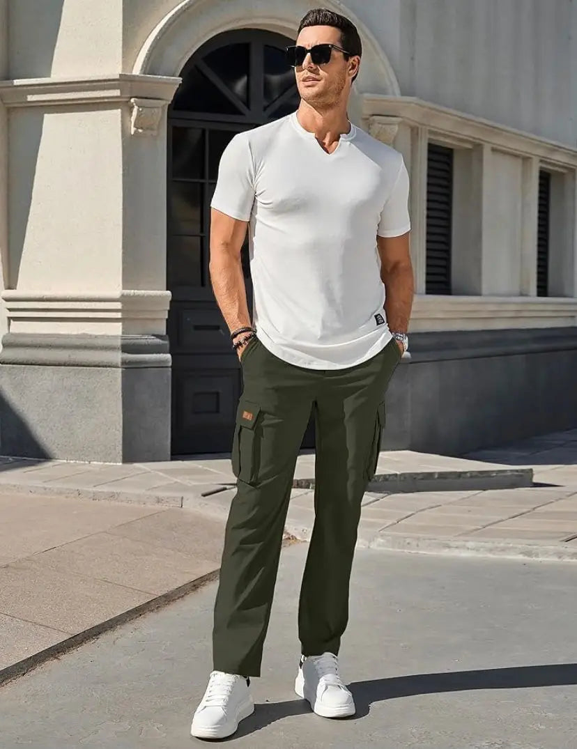 Summer New Men's Work Pants Drawstring Multiple Pockets Casual Long Trousers Independent Station Wide Leg Straight Cut Trousers