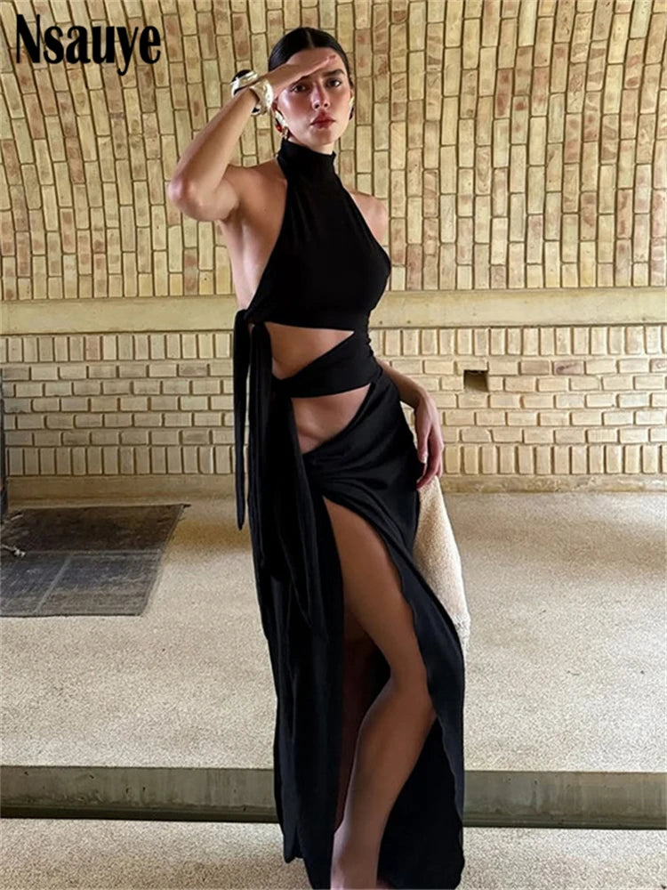 Nsauye Hollow Out Sexy Women Maxi Dress Black Sleeveless High Split Female Summer Autumn Skinny Elegant Long Dresses Party Club