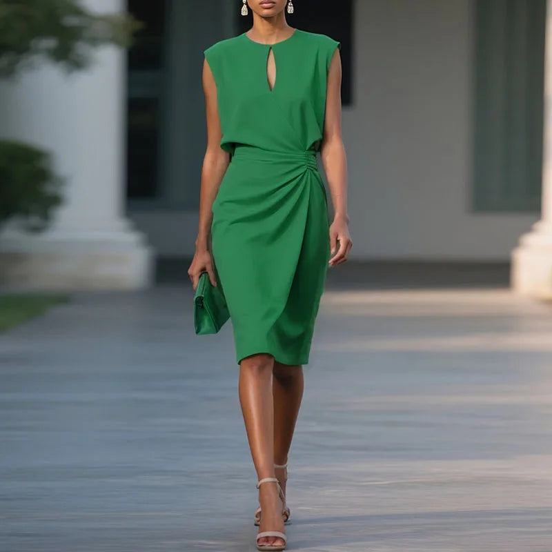 Summer Chic Sleeveless Pleated Women Dress Elegant Solid High Waist Party Vestidos Retro Hollow Out O Neck Spliced Commute Dress