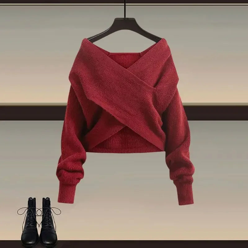 2025 Female Elegant Winter New Cross Knitted Sweater+Bottom Shirt+Black Strap Dress 3-Piece Suit Women Chic Hoodie Matching Set