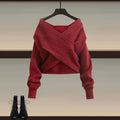2025 Female Elegant Winter New Cross Knitted Sweater+Bottom Shirt+Black Strap Dress 3-Piece Suit Women Chic Hoodie Matching Set