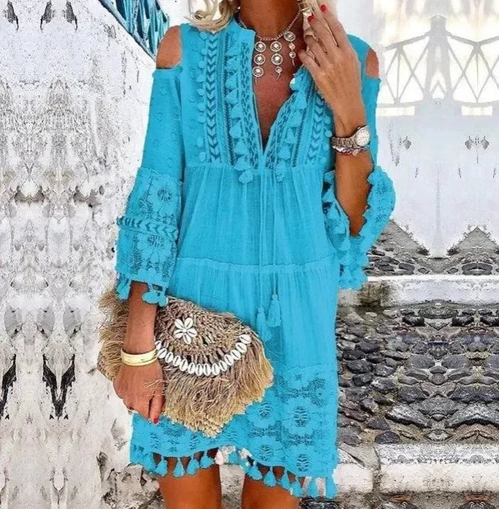 MLSJSHIQI Lace V-Neck Tassel Mini Dress — White Casual Elegant | Medium Stretch | Spring Summer