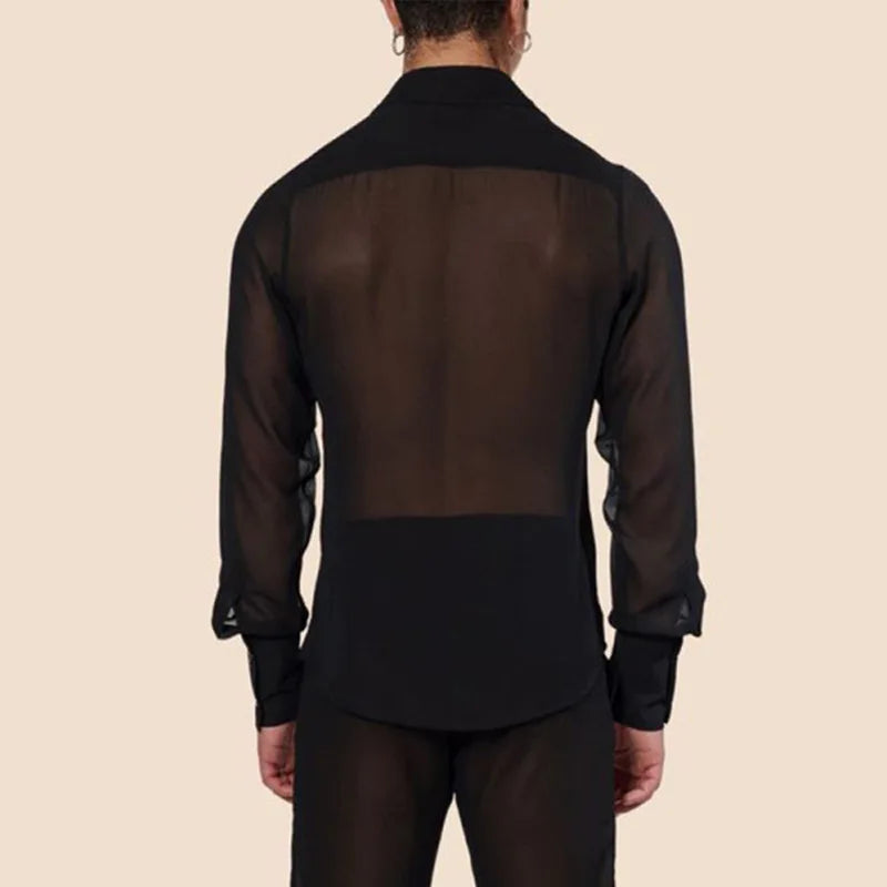 Men's Mesh See-Through Long Sleeve Shirt — Solid Color Button-Down | Vintage Streetwear Retro Party | S–3XL