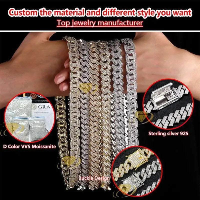 High Quality 2 Rows Prong Cuban Chain 8mm 12mm 16mm 20mm Iced Out Moissanite Cuban Bracelet Link Necklace Mens Hip Hop Jewelry