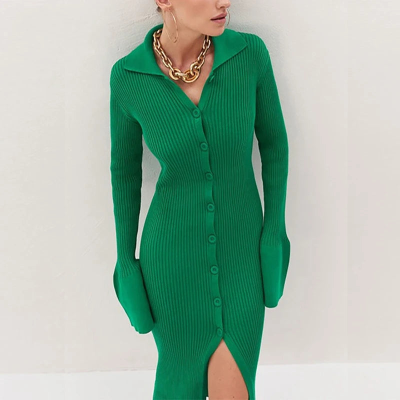 Flare Sleeve Knitted Dress Women Y2K Autumn Winter Sexy Slim Green Midi Dress American Single Breasted Streetwear Club Vestidos