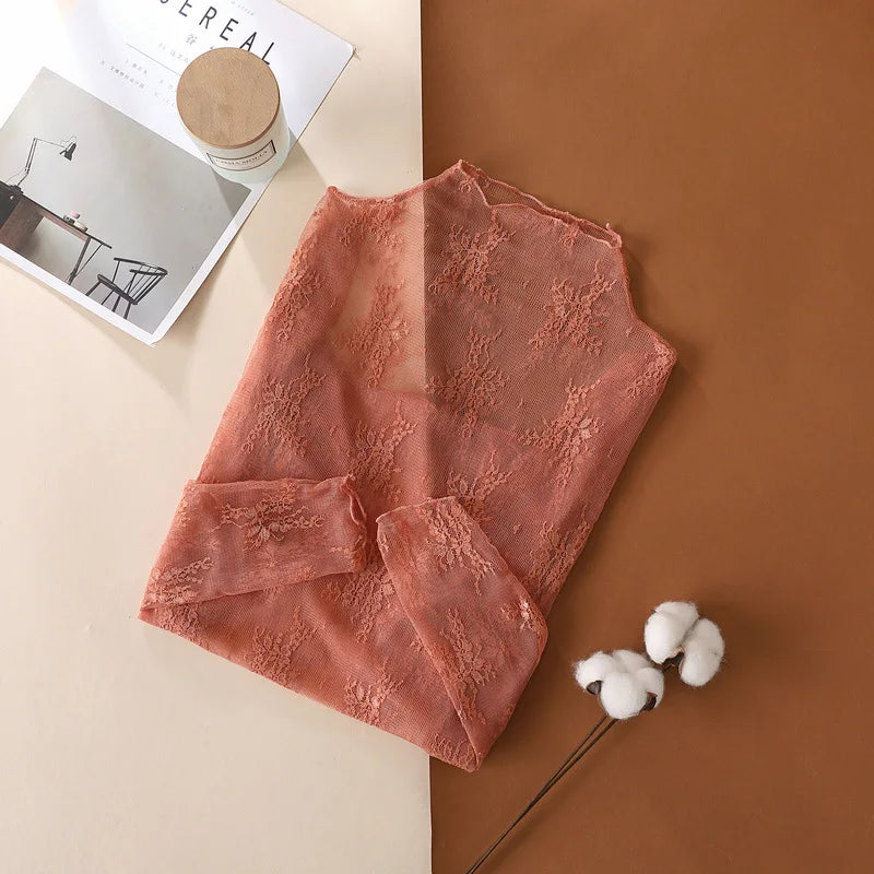 Sheer Mesh Lace Crop Top — Long Sleeve See-Through O-Neck | Fairycore Club Style | S–XL | 5 Colors