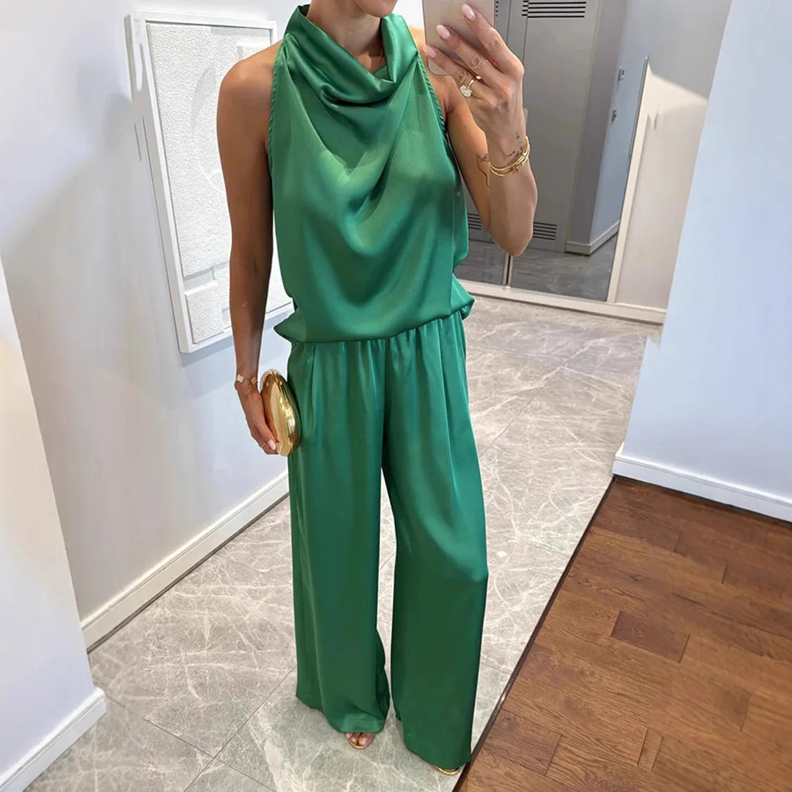 Women's Sleeveless Satin Top & Straight Pants 2-Piece Set – Chic Commuter Suit