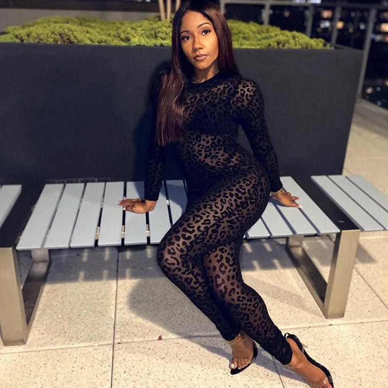 Y2k Hot Girl New Long Sleeve Bodycon Leopard Print Women Jumpsuit Sexy Sheer Mesh Bodysuits Catsuit Party Clubwear