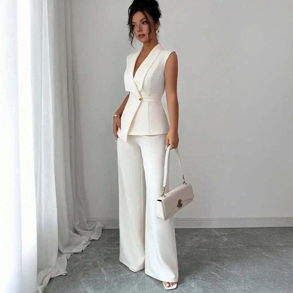 Women's Sleeveless Blazer Vest & Wide Leg Pants 2-Piece Suit Set