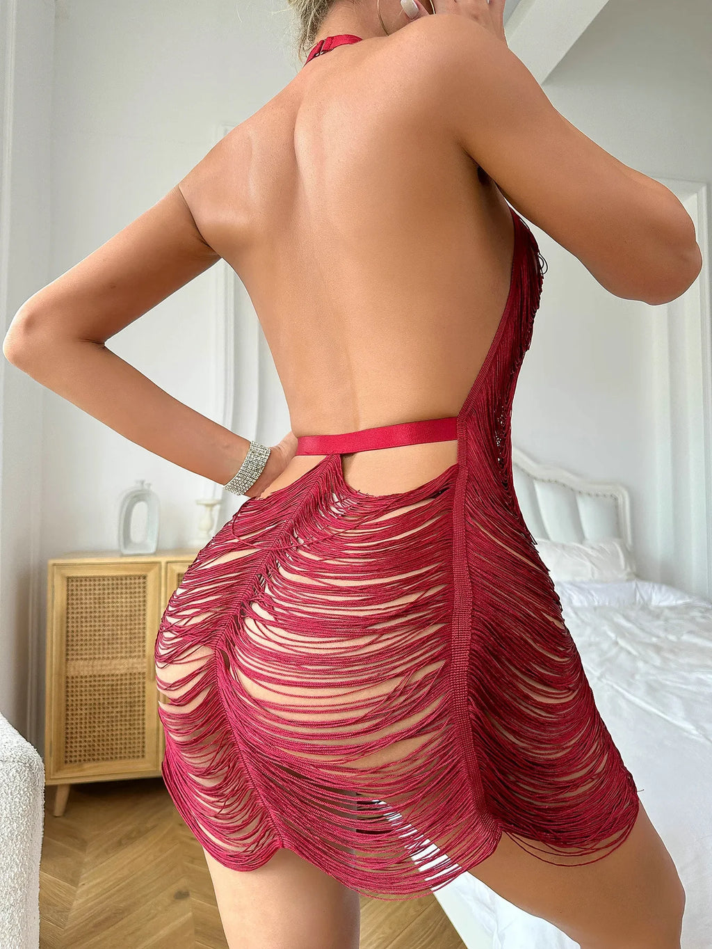 Women's Tassel Halter Deep V-Neck Backless Mini Dress