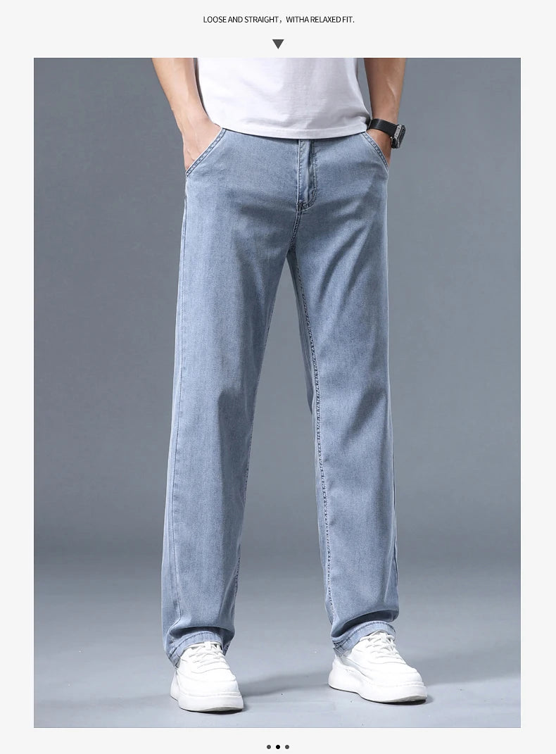 Summer Ultra-thin Men's Jeans Lyocell Soft Breathable Loose Straight Light Blue Denim Pants Business Casual Ice Silk Trousers