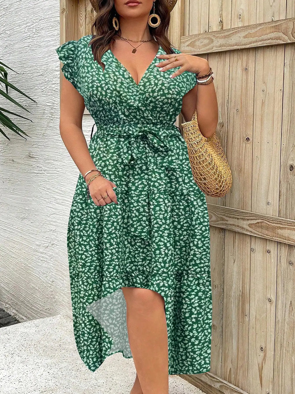 Plus Size Floral Print V Neck Dress, Casual Fashion Dress for Daily Outdoor Wear, Women Plus Clothing for All Seasons