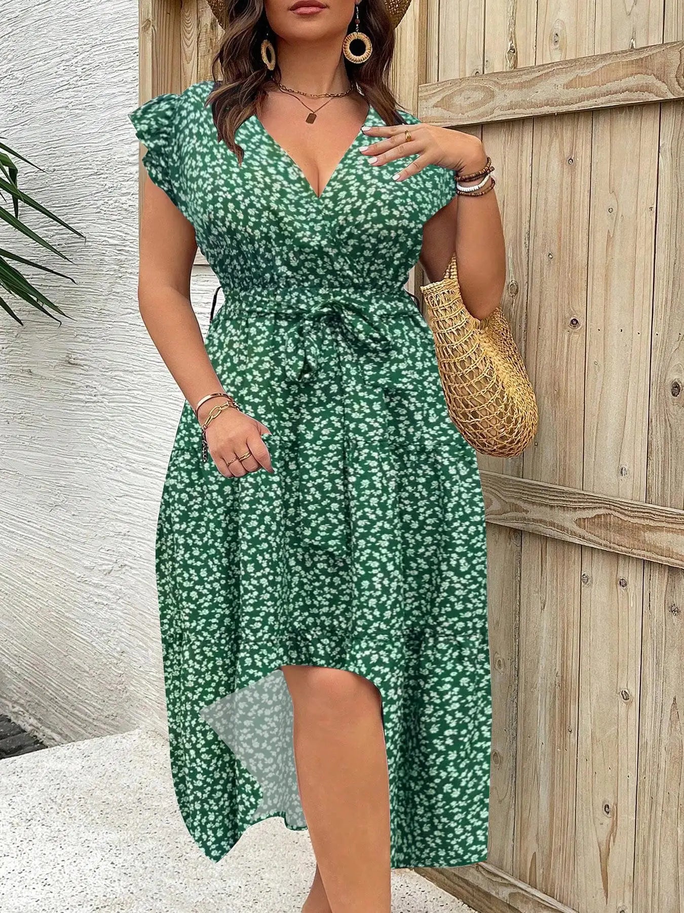 Plus Size Floral Print V Neck Dress, Casual Fashion Dress for Daily Outdoor Wear, Women Plus Clothing for All Seasons