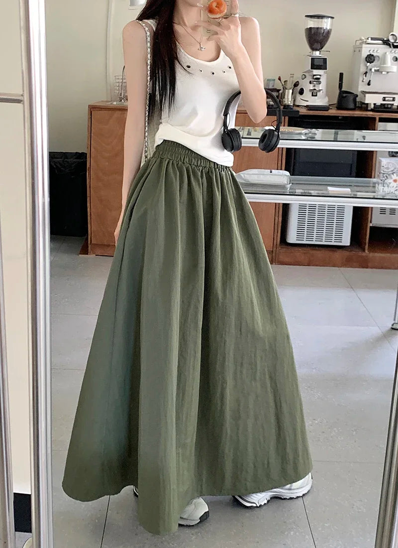 A-Line Midi Skirt with Pockets — Elastic High Waist Loose Casual | Spring Summer | Black Gray Green | S–L