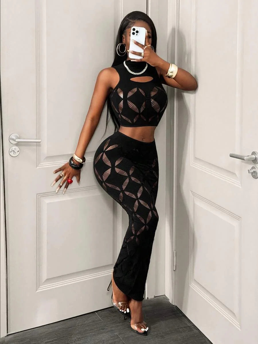 Sheer Mesh Crop Top & Bodycon Mini Skirt Set