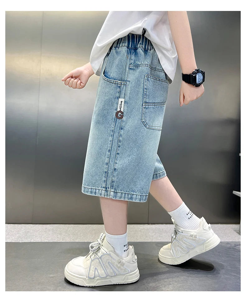 Boys Denim Shorts Teen Boys Casual Knee-Length Jeans Teenage Child Blue Denim With Y2K Fashion Style Trousers Toddler Ages 4-14Y