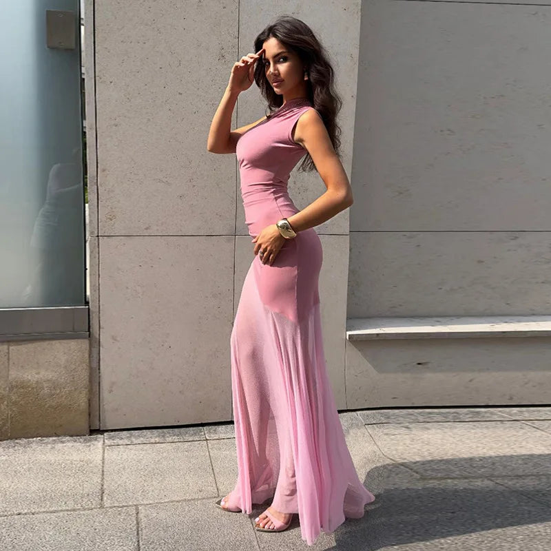 Off-Shoulder Sheer Backless Floor-Length Dress