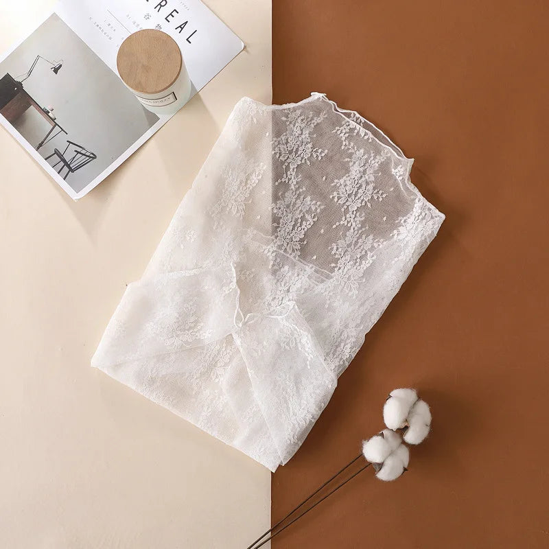 Sheer Mesh Lace Crop Top — Long Sleeve See-Through O-Neck | Fairycore Club Style | S–XL | 5 Colors