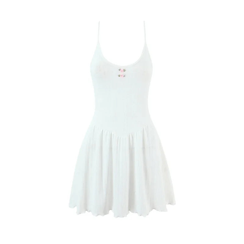Women White Knit Strap Dress Sweet V Neck Ruffle Hem Casual Sundress For Summer Vacation Backless Deep V Sleeveless Elegant 57UD