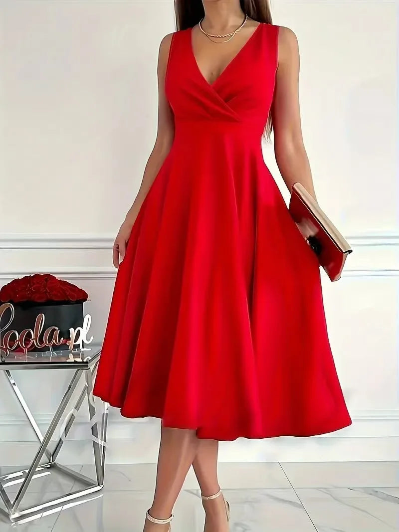 Summer Women's Dress V-neck Sleeveless Elegant Red Fashion Party Black Professional Temperament Evening Midi Skirt