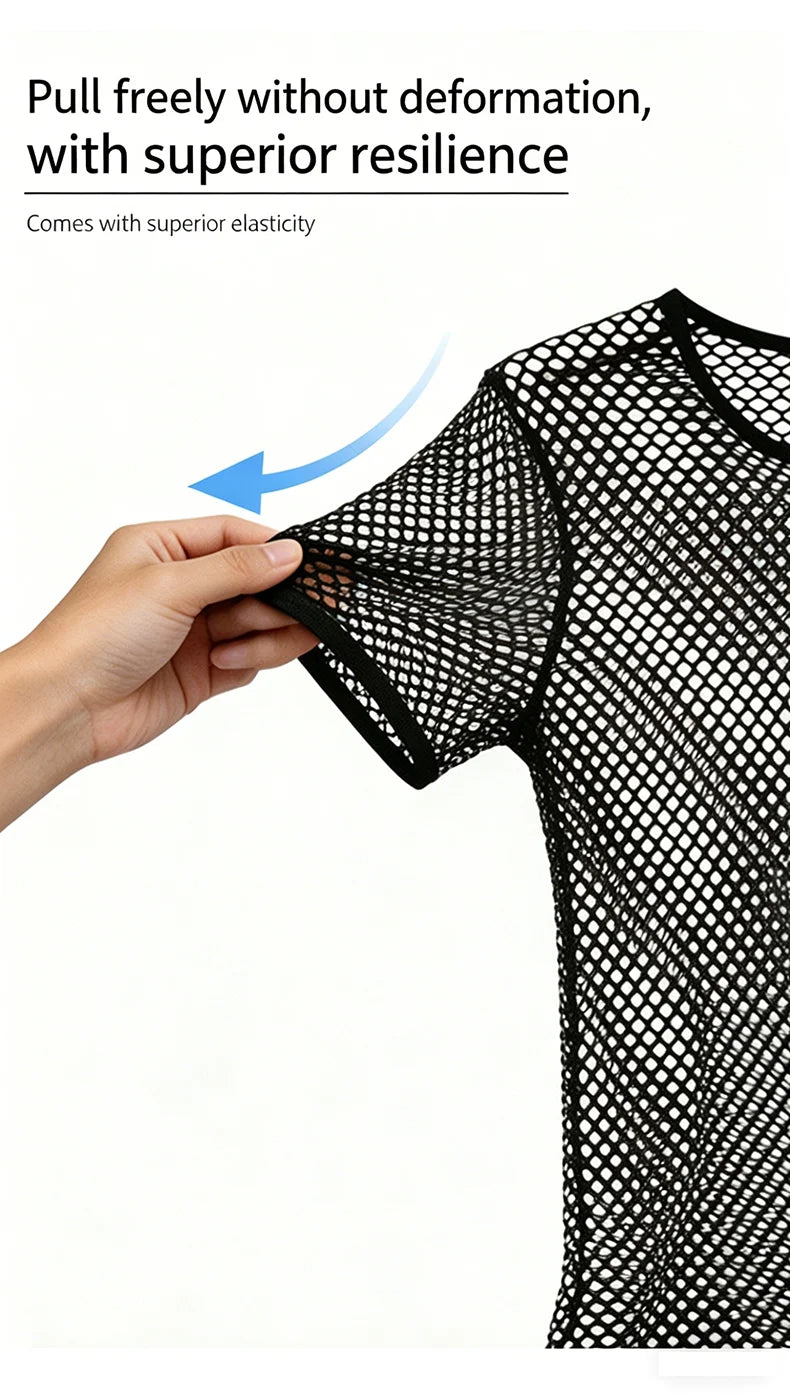 Mens Mesh See Through T Shirt Ice Cool Breathable Fishnet Hollow Out Short Sleeve