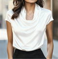 Women Cowl Neck Short Sleeve Satin Blouse Elegant Slim Fit Office Top for Work Evening Party