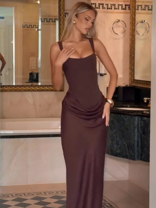 Beainmmry Square Neck Pleated Sling Maxi Dress — Off-Shoulder Waist Cinching Slim A-Line | Evening Party | Black & Brown | S–L