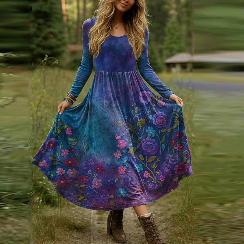 BISHAN Plus Size Boho Floral Print Maxi Dress — O-Neck Long Sleeve A-Line | Party Spring Autumn | 0XL–5XL