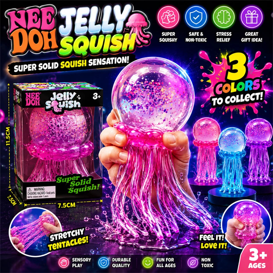 Trending Nee Doh Jellyfish & Cube Squish Toy, Soft Jelly Squeeze Stress Relief Fidget Toy, Sensory NeeDoh for Kids & Adults New