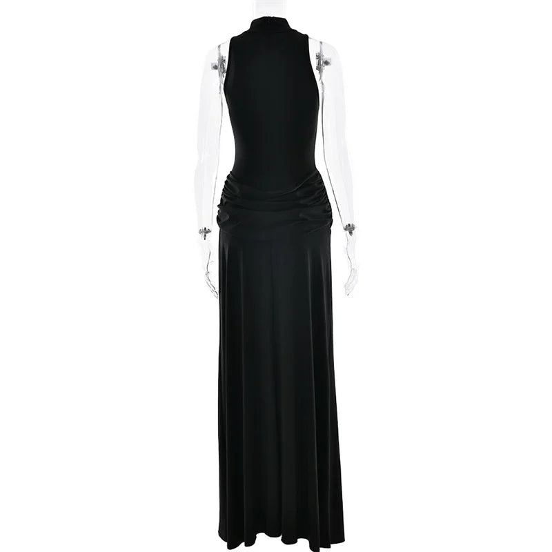 Turtleneck Off-Shoulder Thigh-Split Maxi Dress