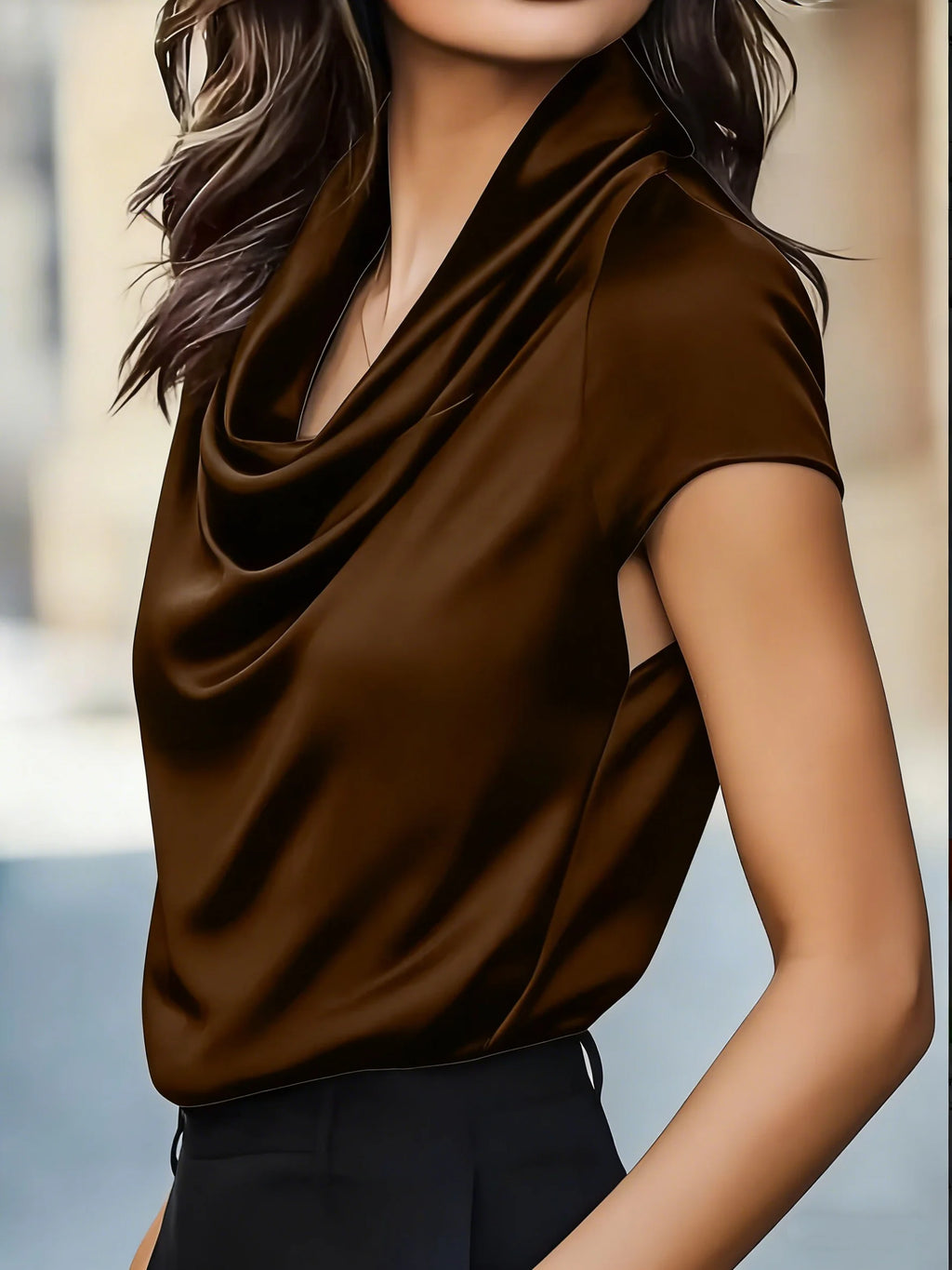 Women Cowl Neck Short Sleeve Satin Blouse Elegant Slim Fit Office Top for Work Evening Party